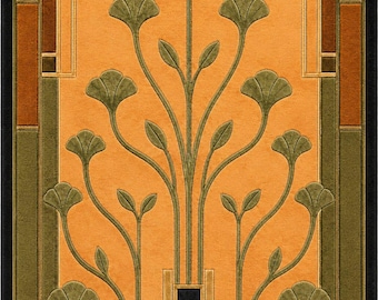 May include: A rectangular area rug featuring a central orange field with a symmetrical green floral pattern of stylized ginkgo-like leaves. The border consists of geometric black, olive green, and brown panels with small leaf motifs in the corners.