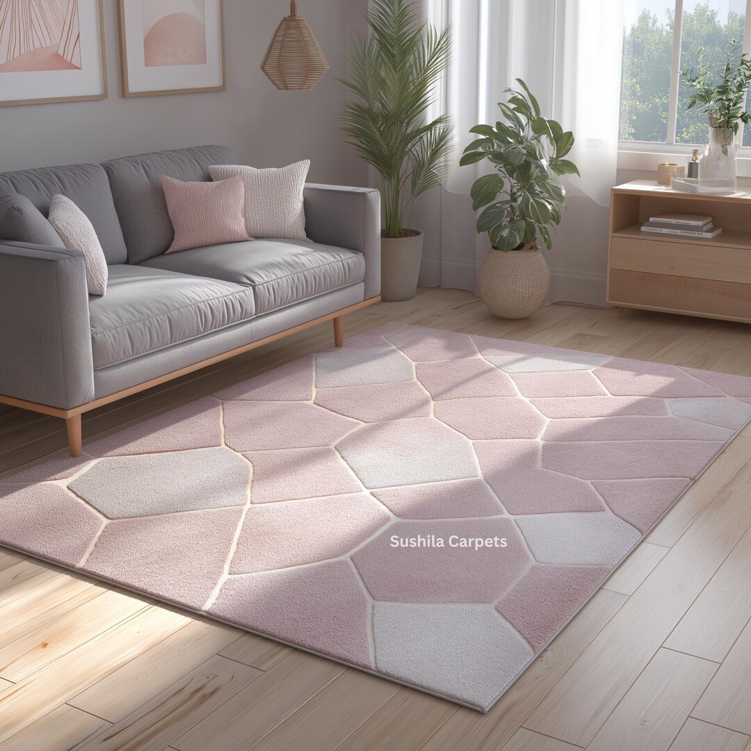 Blush Pink & Ivory Geometric Hand Tufted Wool Rug | Soft Sculpted High ...