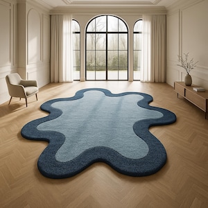 Blue Irregular Shape Blob Design Hand Tufted Wool Rug | Modern Sculpted Wool Rug For Living Room, Bedroom, Lounge, Any Room Decor