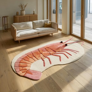 Coastal Luxury Wool Shrimp Rug | Handmade Sea Creature Floor Decor | Unique Ocean-Inspired Statement Piece