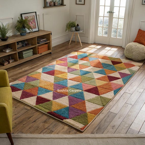 マルチカラーの幾何学模様ハンドタフテッドウールラグ | リビング