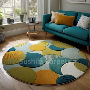 Playful Circle Round Rug | Hand Tufted Wool Bubble Carpet in Teal, Mustard & Olive | Textured Modern Living Room Rug