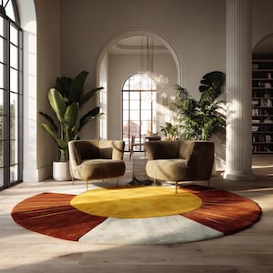 Hand-Tufted Wool Sun Rug | Yellow Center with Rust & Cream Rays | Boho Modern Style Rug