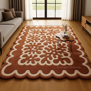 Handgetufteter Abstrakter Wollteppich in Terrakotta und Creme | Unregelmäßiger Bogenkantenteppich | Moderner Wohnzimmer-Teppich | Gewellter Rand Wollteppich