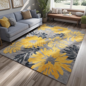 Modern Yellow Floral Hand Tufted Wool Rug | Bold Sunflower Design Rug for Living Room or Bedroom | Custom Size Area Wool Rug