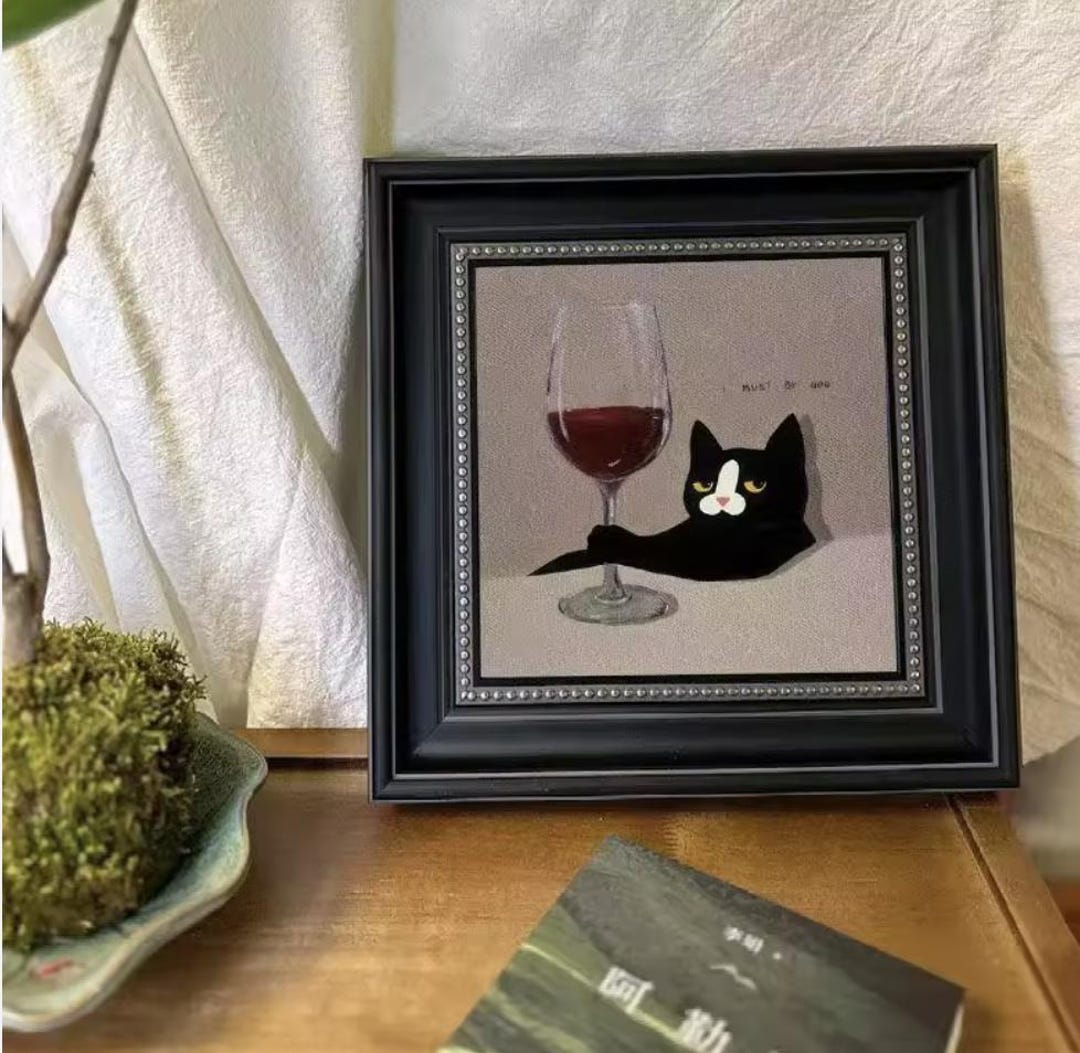 Humorous Cat and Wine Canvas Painting Framed Wall Art for Kitchen ...