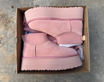 Custom Pink Suede Platform Boots, Cozy Ultra Mini Winter Booties, Women's Luxury Comfort Shoes