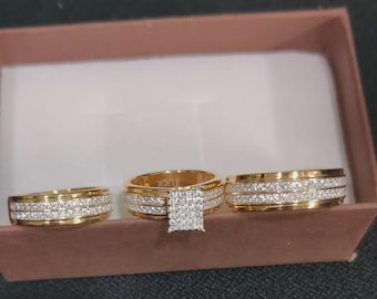 Sterling Silver Trio Ring Set: Simulated Diamond, 14K Gold Finish