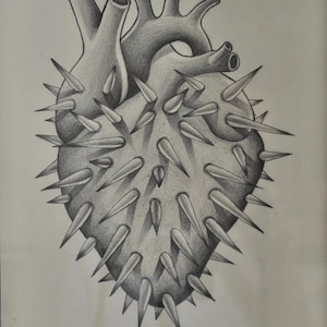 Puede incluir: Dibujo a lápiz en blanco y negro de un corazón humano cubierto de espinas afiladas. El sombreado crea un efecto tridimensional. La obra está firmada y fechada. El tema es la anatomía y el simbolismo.