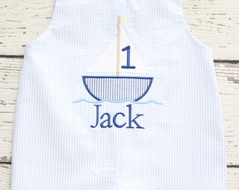 Monogrammed Sailboat Jon Jon: Blue Seersucker First Birthday Shortall