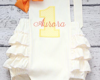 Monogrammed Yellow and Orange First Birthday Bubble: Custom Sunshine Ruffle Bubble