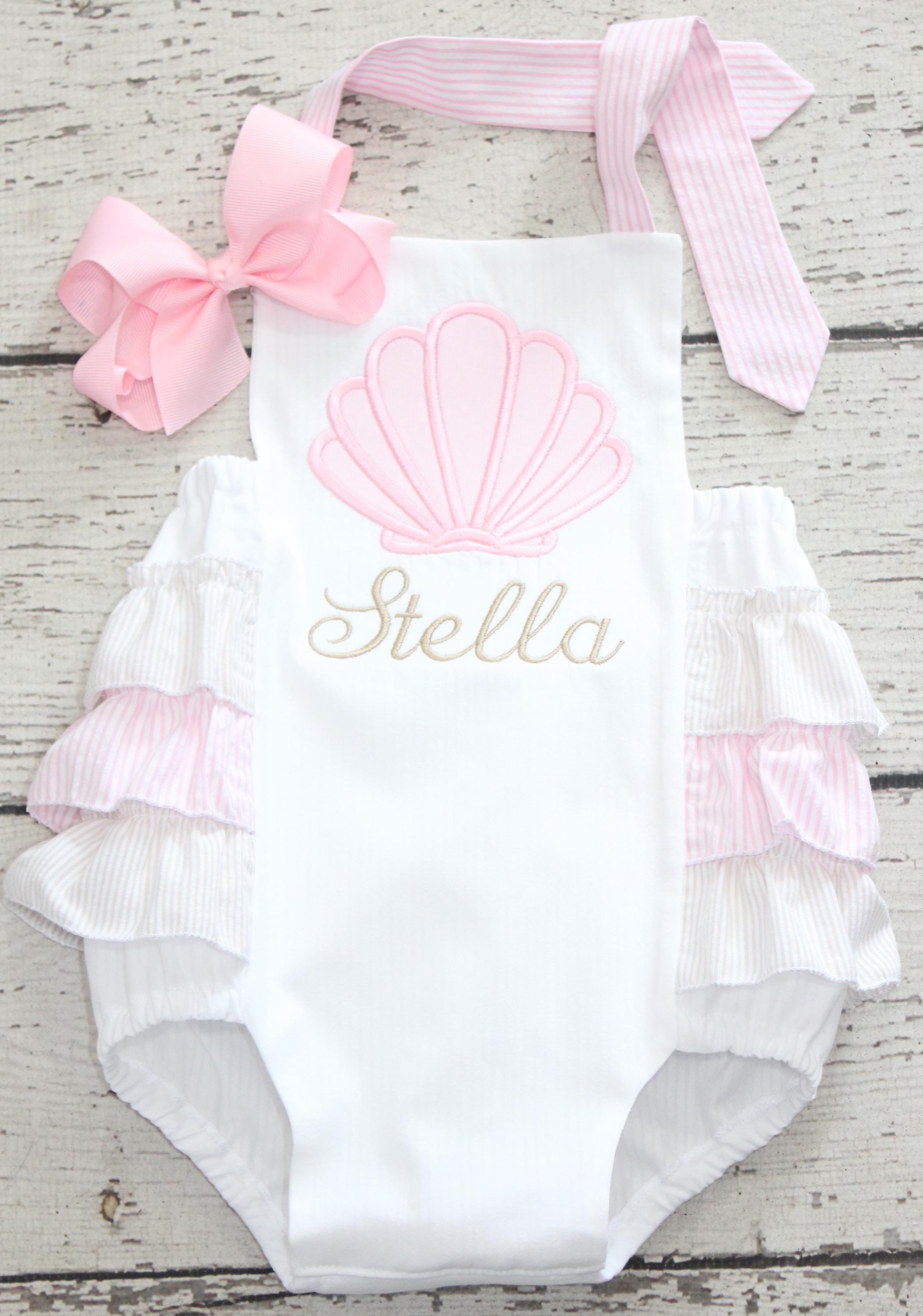 Monogrammed Seersucker Seashell Bubble: First Birthday Beach Outfit