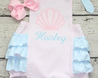 Monogrammed Seersucker Pink and Blue Seashell Bubble: First Birthday Beach Outfit, Clam Embroidered Sunsuit