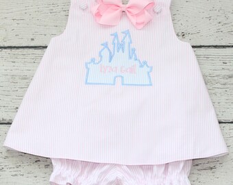 Monogrammed Castle Bloomer Set, Custom Birthday Swing Back Top Outfit