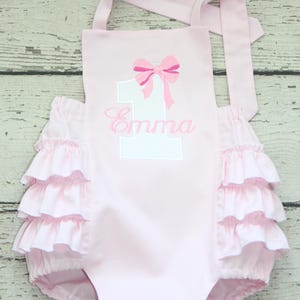 Monogrammed First Birthday Bow Bubble, Custom Pink Coquette Ruffle Romper