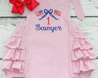 Monogrammed All American First Birthday Bubble Outfit: Embroidered Flag Ruffle Sunsuit, 4th of July