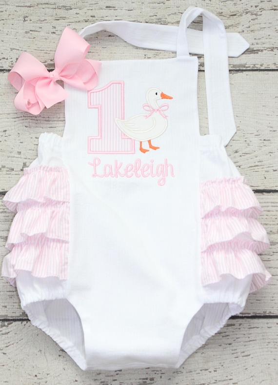 Monogrammed First Birthday Goose Bubble, Custom Pink and White Ruffle Romper