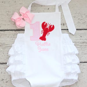 Monogrammed Crawfish First Birthday Bubble: Custom White Seersucker Boil Sunsuit