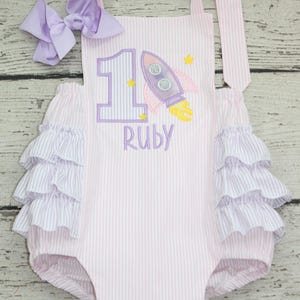 Monogrammed Outer Space First Birthday Ruffle Bubble: Pastel Rocket Ship Party outfit