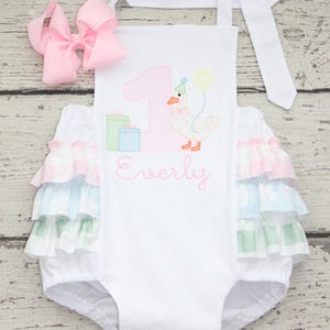 Monogrammed First Birthday Goose Bubble, Custom Pink, Green, Blue Gingham Ruffle Romper