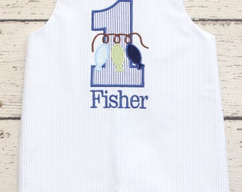 Monogrammed Fish Birthday Jon Jon, First Birthday Fish Outfit, Fishing Birthday Shortall
