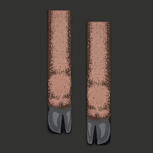 May include: A pair of novelty socks designed to resemble animal hooves. The socks feature a light brown leg portion with dark brown fur-like detailing and gray hoof-shaped toes. The socks are displayed against a dark gray background.