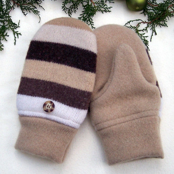 Warm, Wool Mittens. Size large: for men, teen boys, large women. Camel, brown stripes. Fleece lining.