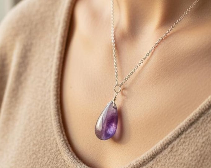 Featured listing image: Amethyst Pear Pendant | German Silver Necklace, February Birthstone