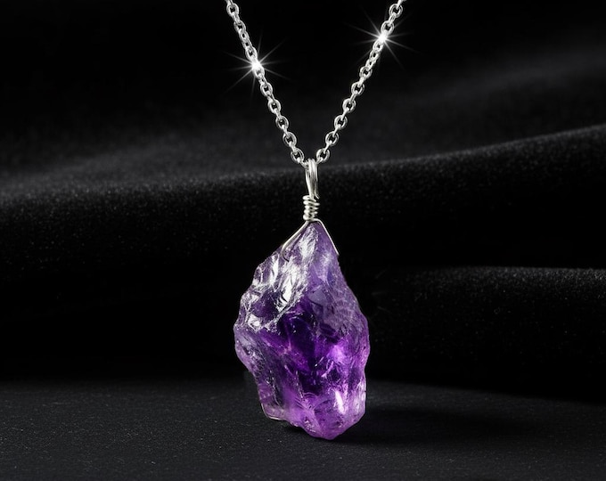 Featured listing image: Raw Amethyst Pendant Necklace | Rough Crystal, German Silver Chain