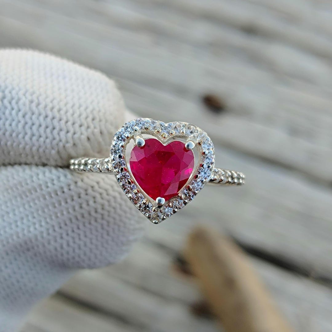 Genuine Heart Ruby Ring, Halo Ring, 925 Sterling Silver Gemstone Ring ...
