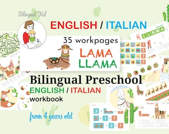 Op de afbeelding: Een tweetalig voorschools werkboek met de tekst "ENGLISH / ITALIAN" en "LAMA LLAMA". De afbeelding bevat illustraties van lama's en wiskundeproblemen. Het werkboek is ontworpen voor kinderen vanaf 4 jaar.