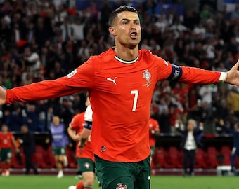 Cristiano Ronaldo Nation League 2025 Poster – Portugal Captain Goal Celebration Art Print, Football Legend Wall Decor