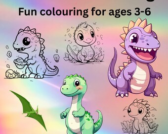 Pode incluir: Ilustração colorida com dinossauros de desenho animado. O texto diz "Dinosaur colouring" e "Fun colouring for ages 3-6". Os dinossauros são verdes, roxos e cinzentos, com um pterodáctilo verde. Para crianças de 3 a 6 anos.