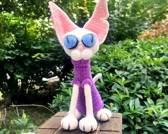 Poseable Velvet Art Doll, Handmade Crochet Sphynx Plushie, Knitting Cat, Gift for Cat Lovers
