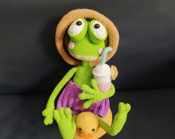 Abnehmbare Kleidung und Accessoires, handgefertigter Häkelfrosch Amigurumi, Geschenk für Kinder oder Erwachsene