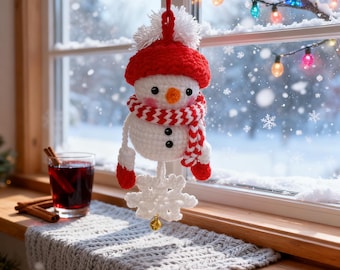 Crochet Christmas Snowman Car Hanging, Handmade Car Mirror Ornament
