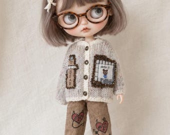 Blythe Doll Knit Cardigan, Vintage Bear Patch Oversized Sweater, Cozy Mori Style Doll Clothes for OB24/22 & Landoudou Dolls