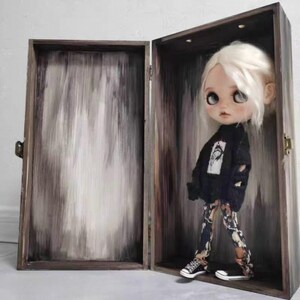 Handmade knitwear for Blythe OB24 doll with spooky embroidery