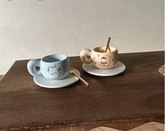 Blythe Mini Hand-Painted Mug Set, Ceramic-Style Alloy Cup and Saucer with Spoon, Dollhouse Tea Cup Accessory