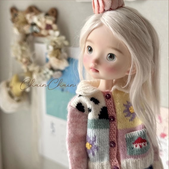 Blythe Doll Patchwork Cardigan OB22/OB24 – Handmade Knit Sweater, Pink Cow Print Outfit