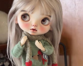 Gebreide puppytrui voor poppen: groene outfit met belichaamde puppy voor Blythe OB22/OB24