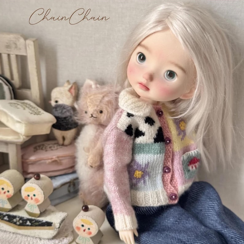 Cute Blythe doll styling colorful patchwork cardigan with soft wool textures