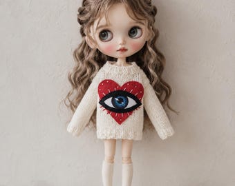 Blythe Heart Eye Knit Sweater, Cream Oversized Pullover, Cute Statement Doll Clothes for OB22/OB24 & Landoudou