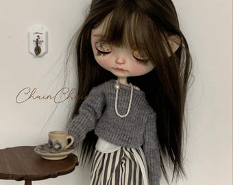 Y2K Blythe Doll Outfit – Gray Knit Top & Striped Wide-Leg Pants for OB22 / OB24 | Handmade