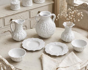 White Lily of the Valley Miniature Tableware Set for Blythe – 1/6 Scale Dollhouse Plates, Bowls, Vases & Jars