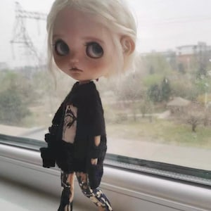 Handmade knitwear for Blythe OB24 doll with spooky embroidery