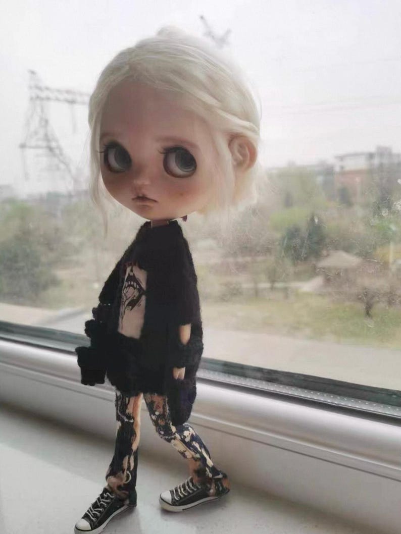 Handmade knitwear for Blythe OB24 doll with spooky embroidery