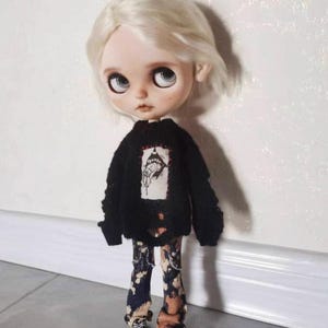 Handmade Halloween outfit for Blythe OB22 featuring black ripped sweater