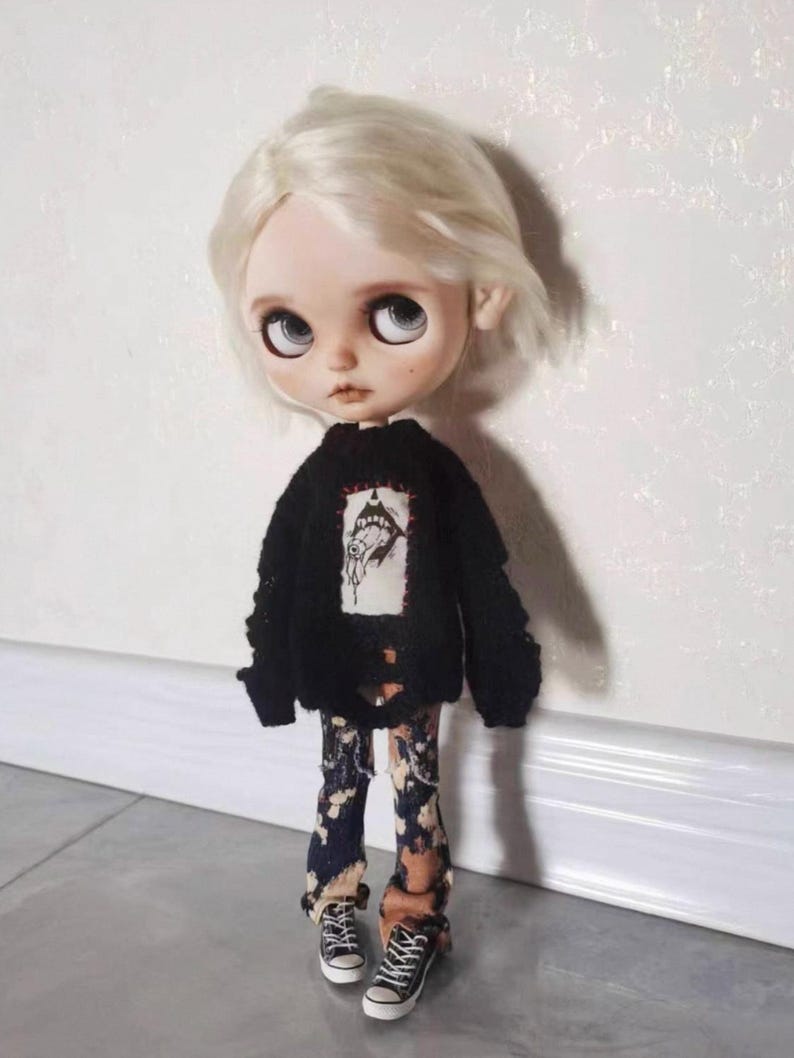Handmade Halloween outfit for Blythe OB22 featuring black ripped sweater