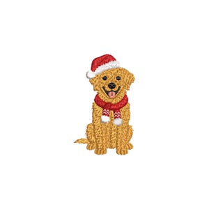May include: Embroidered image of a golden retriever wearing a Santa hat and a red scarf with white accents. The dog is sitting and smiling, with its tongue sticking out. The image is on a white background.